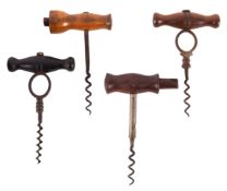 Four wood T-handle corkscrews, including one marked 'CONEY'S PATENT',