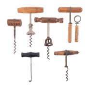Seven American corkscrews, including two marked Williamson's wood handle examples,