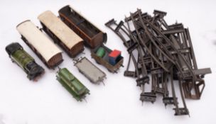 A Hornby Tin Plate 'O' Gauge train LNER 8123, together with three carriages,