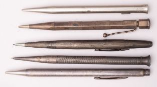 A group of five various sterling silver and sliver plated propelling pencils,