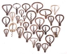 Folding bow corkscrews of various sizes, including a marked Plant's patent 'MAGIC NO.