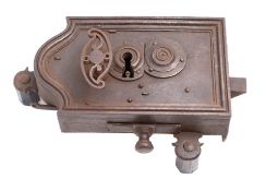 A large 18th century iron lock with double mortice bolt to top,