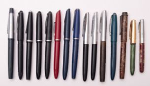 A group of thirteen various Platignum fountain pens and two others.