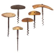 Six miniature medicine or perfume horn and bone T-handle corkscrews,