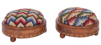 A pair of Victorian walnut and Tunbridgeware circular footstools, circa 1880,