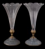 A pair of gilt-metal and marble mounted glass trumpet vases of slice-cut petal form,