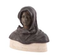A patinated metal bust of a maiden,