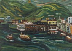 Y. Maeda (Japanese, 20th Century) A busy harbour scene Oil on canvas 32.5 x 44.