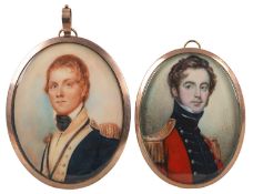 British School, 19th Century Portrait miniature of an Officer in a red tunic Watercolour on ivory 6.