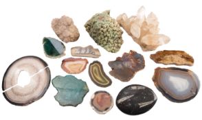 A collection of mineral and fossil specimens; including rock crystal, 27cm wide; quartz,