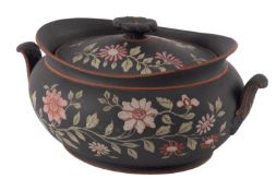 A Wedgwood rosso antico oval sucrier and cover with bud finial and acanthus leaf handles,