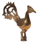 A Persian brass staff head in the form of a cockerel, with incised decoration, 25cm high,