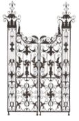 A patinated metal openwork twin fold screen,