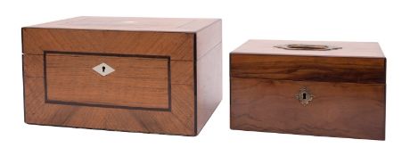 A Victorian walnut sewing box and one other; the first inlaid with ebony stringing,
