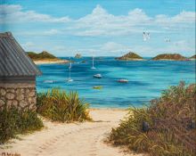 Mary Winter (British, Contemporary) Isles of Scilly, Cornwall Three oils on board The largest 27.
