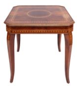 A Sorrentoware walnut and marquetry games table with four chairs en suite,