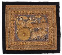 A Burmese kalaga tapestry with raised decoration depicting two figures on an ox cart,
