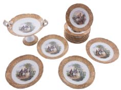 An F & R Pratt pottery dessert service colour transfer printed with romantic pastoral vignettes