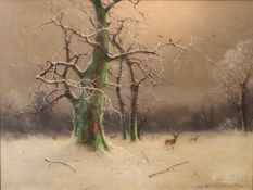 Nils Hans Christiansen (Danish, 1850-1922) Deer in winter forest Oil on board 28.