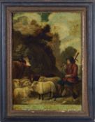 A late George III reverse painted mezzotint under glass print 'The Contented Shepherd' after David