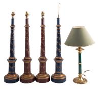 Two pairs of painted and parcel gilt columnar table lamps, modern; one pair brick red,