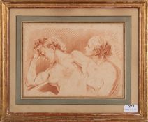 A sepia tone print of two seated nudes,