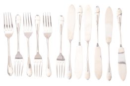 A cased set of George V silver fish six knives and forks by James Deakin & Son,