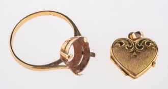 Two items of jewellery, a ring mount for an oval stone (no stone), mount bent, marked 9ct,