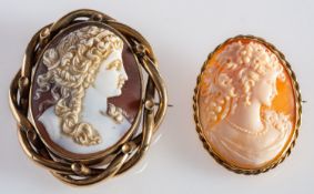 Two cameo brooches, an 18ct yellow gold framed cameo brooch of a female, UK hallmark,