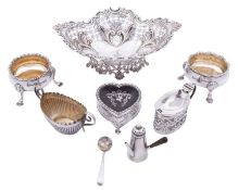 A group of silver comprising of: a pair of George III caldron salts by Thomas Wallis I, London 1772,