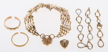 A group of jewellery, including a 9ct yellow gold gate bracelet with heart padlock & safety chain,