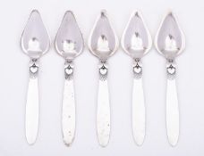 Five Danish silver Cactus pattern grapefruit spoons by Georg Jensen, import marked for London 1935,