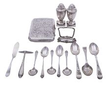 A group of silver items comprising: a George V cigarette case by Edwin Whitehouse, Birmingham 1919,
