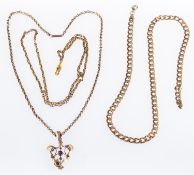 A group of jewellery, to include a 9ct yellow gold curb chain, UK import mark, length 46.0cm, 10.
