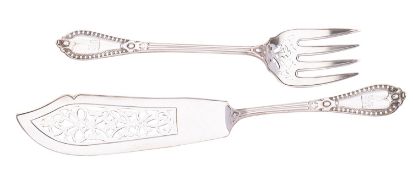 A Victorian silver cased silver fish slice and fork by John Aldwinckle & Thomas Slater, London 1884,