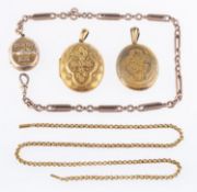 A mixed group of jewellery, including an elongated link guard chain with an attached locket,