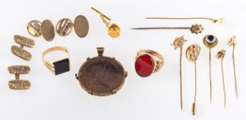 A mixed group of jewellery, to include six stick pins, some marked or hallmarked,