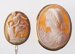 Two cameo brooches, an oval cameo with brooch and pendant fittings, marked 375, measuring approx. 5.