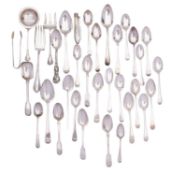 A mixed group of silver flatware comprising: thirteen Old English pattern silver teaspoons,