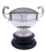 A Edward VII silver two handled rose bowl and presentation stand, maker marks rubbed,