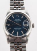 Rolex Oyster a mid-1980s gentleman's stainless-steel wristwatch the blue dial with baton numerals,