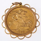 A full sovereign in mount, a 1958 Elizabeth II full sovereign in an openwork mount,