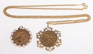 A sovereign pendant and a coin pendant, a George V 1915 full sovereign in an openwork pendant mount,