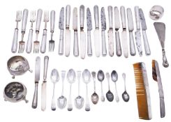 A mixed group of silver items comprising: a pair of early 19th century cauldron salts,