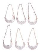 Six George III silver crescent wine labels,