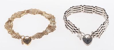 Two gate bracelets, a 9ct yellow gold gate bracelet with heart padlock and safety chain,