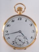 A 9ct gold open-faced pocket watch the round white enamel dial having black Arabic numerals,