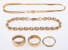A mixed group of jewellery, including a flat link chain, marked 14k, length 44.5cm, 3.