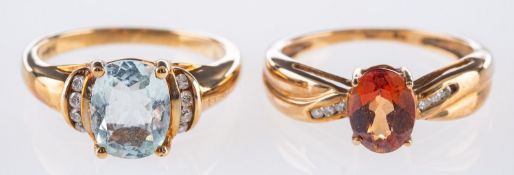 Two 9ct yellow gold gemstone set rings,