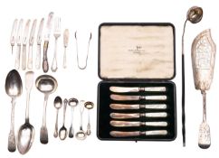 A mixed group of silver flatware comprising: a silver Fiddle pattern fish slice by William Eaton,